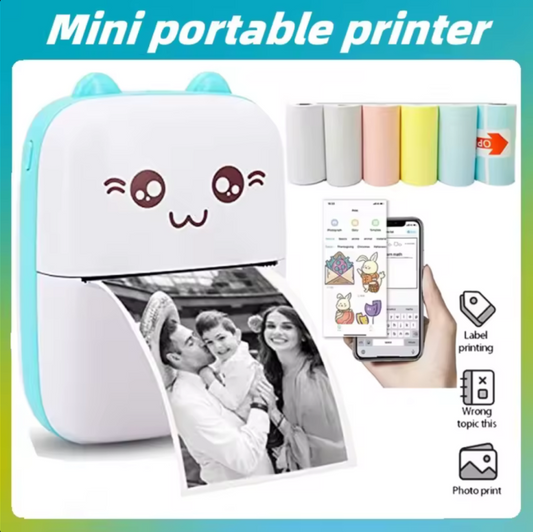 Mini Portable Printer with Cat Design - Sky Blue