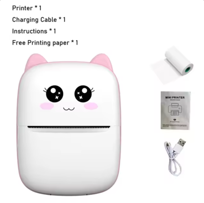 Mini Portable Printer with Cat Design - Sky Blue